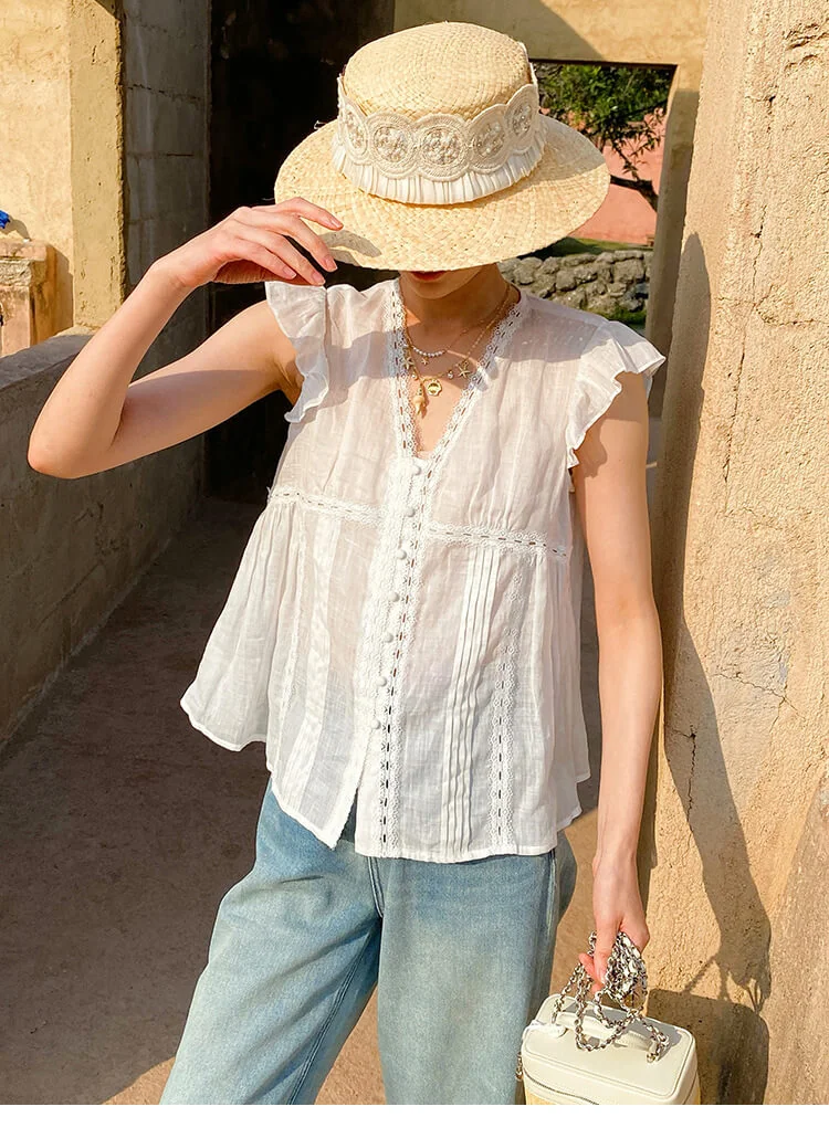 French Riviera Ramie Lace Trim Ruffled V Neck Womens Sleeveless Blouse