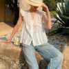 French Riviera Ramie Lace Trim Ruffled V Neck Womens Sleeveless Blouse