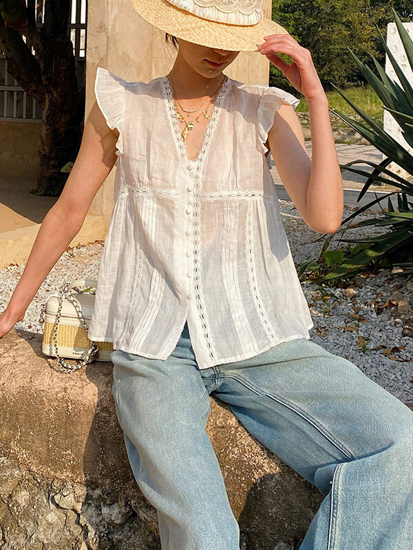 French Riviera Ramie Lace Trim Ruffled V Neck Womens Sleeveless Blouse