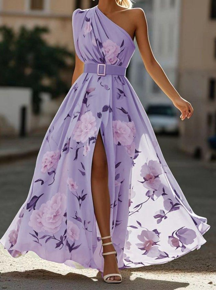 French Riviera Breathable Floral Belted Womens One Shoulder Maxi Dress