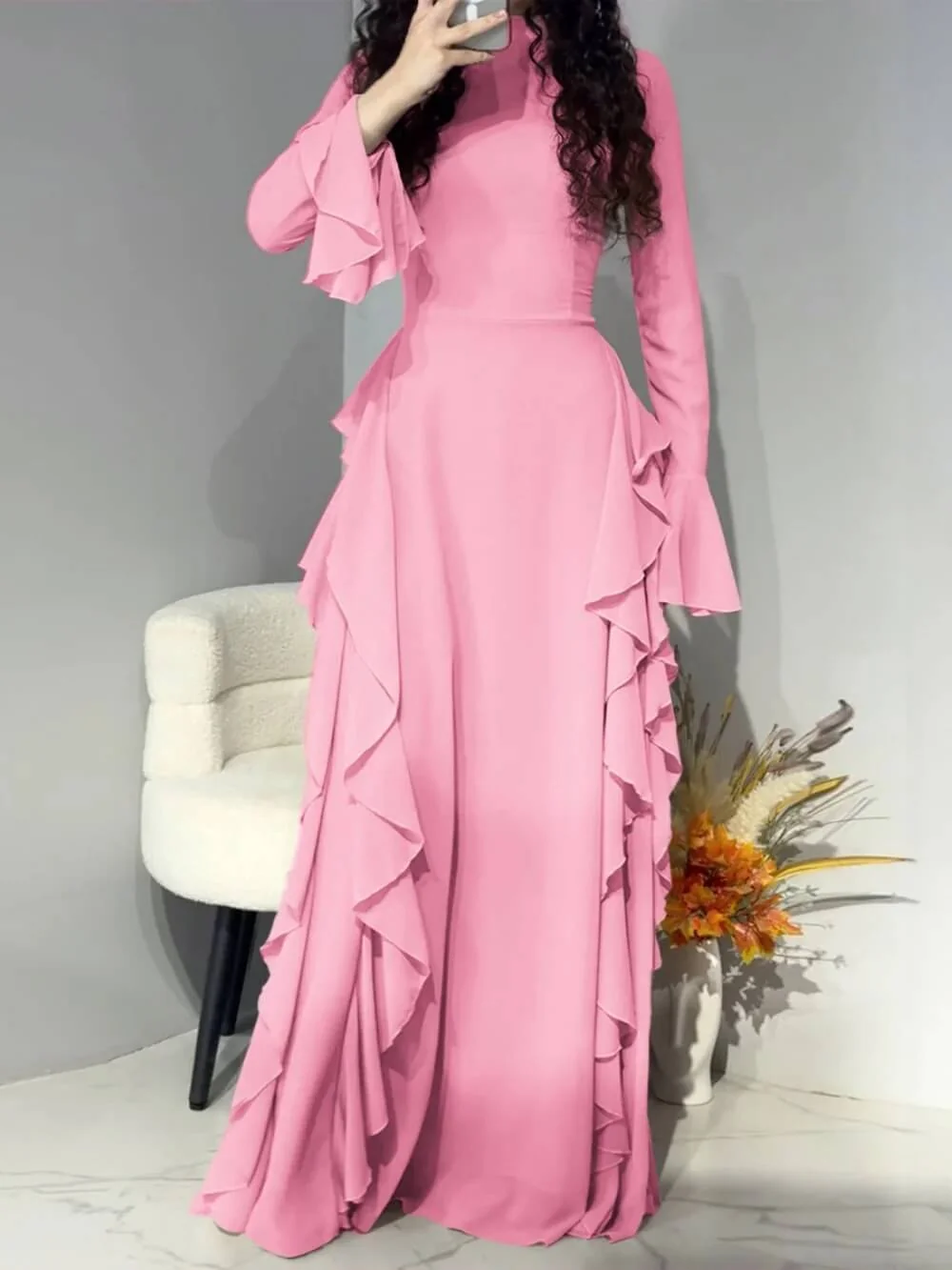 Timeless Classic Ruffled Flare Sleeve Stretchy Polyester Womens Maxi Dress