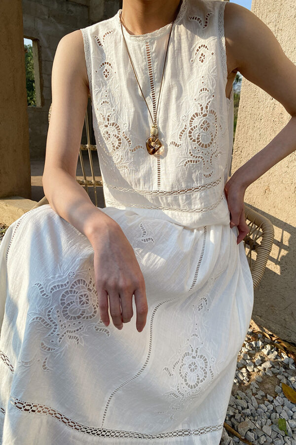 French Riviera Broderie Anglaise Airy Cotton Womens Midi Two Piece