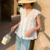 French Riviera Ramie Lace Trim Ruffled V Neck Womens Sleeveless Blouse
