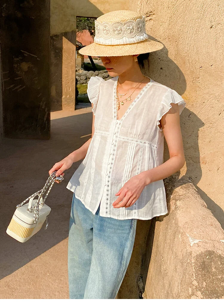 French Riviera Ramie Lace Trim Ruffled V Neck Womens Sleeveless Blouse