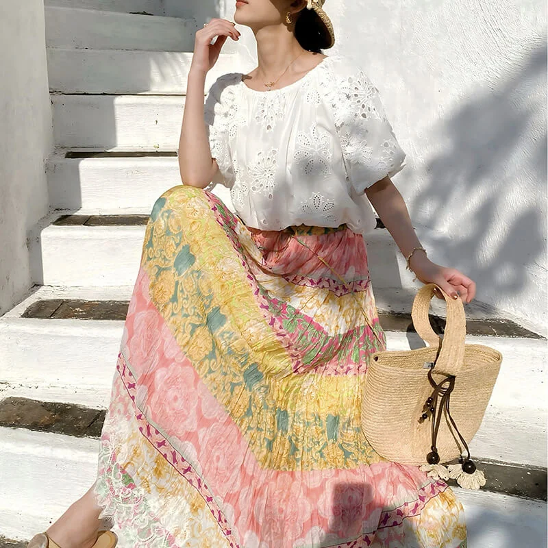 French Riviera Crinkled Floral Scalloped Lace Womens Cotton Maxi Skirt