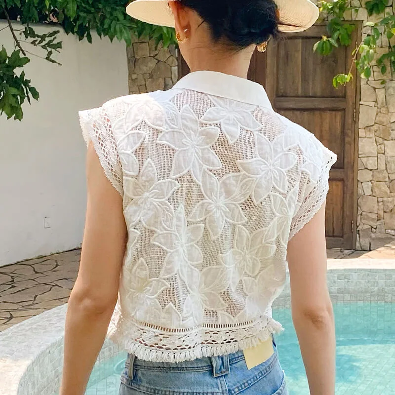 French Riviera Broderie Anglaise Cotton Womens Sleeveless Cropped Top