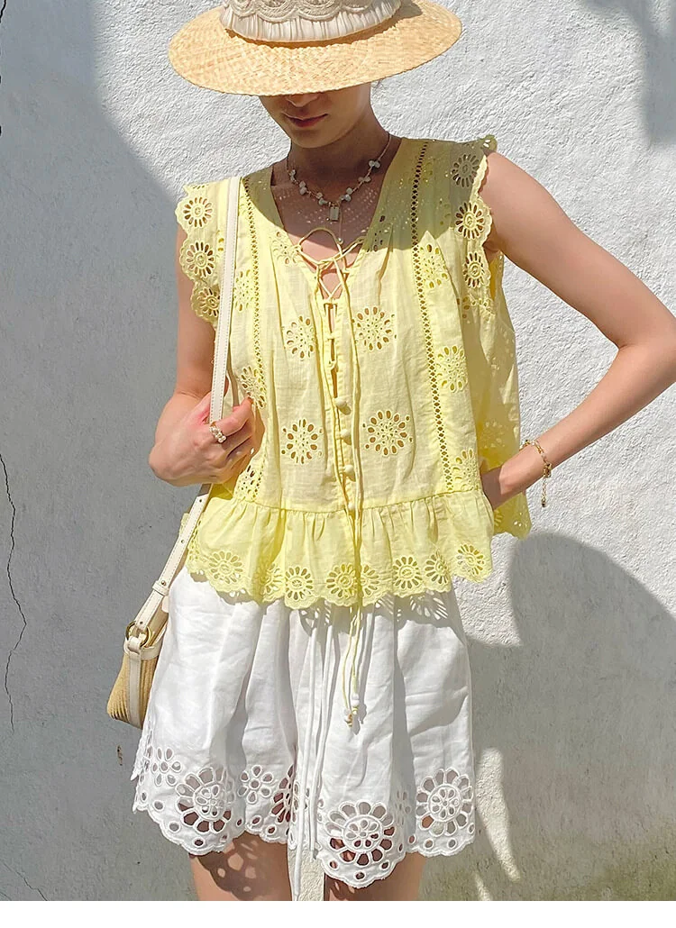 French Riviera Scalloped Broderie Anglaise Cotton Womens Blouse