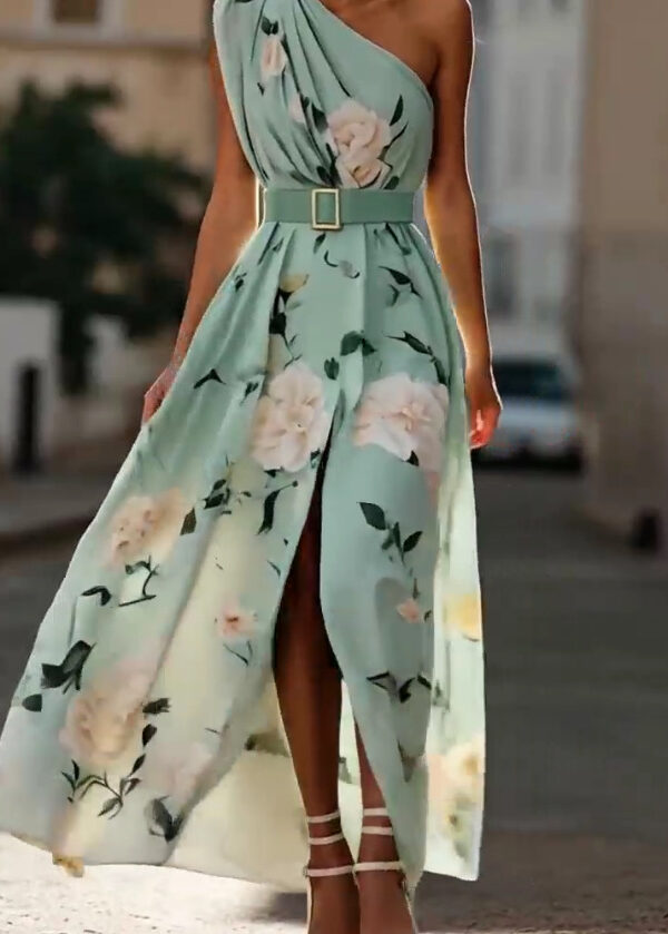 French Riviera Breathable Floral Belted Womens One Shoulder Maxi Dress