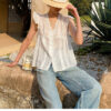 French Riviera Ramie Lace Trim Ruffled V Neck Womens Sleeveless Blouse