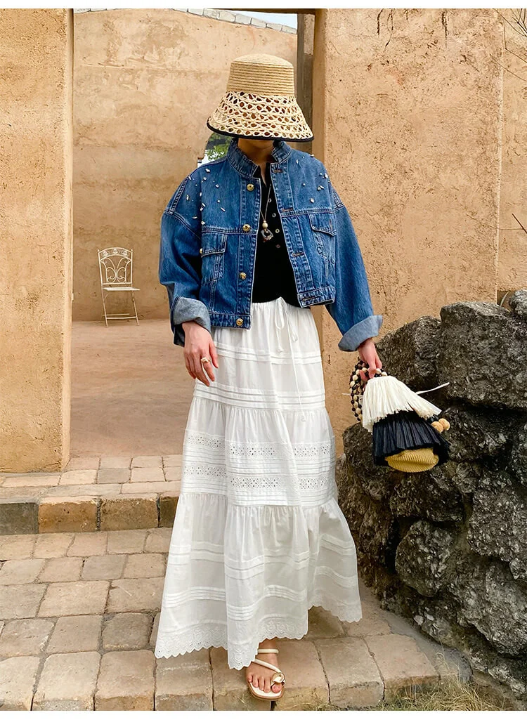 French Riviera Broderie Anglaise Cotton Womens Tiered Midi Skirt