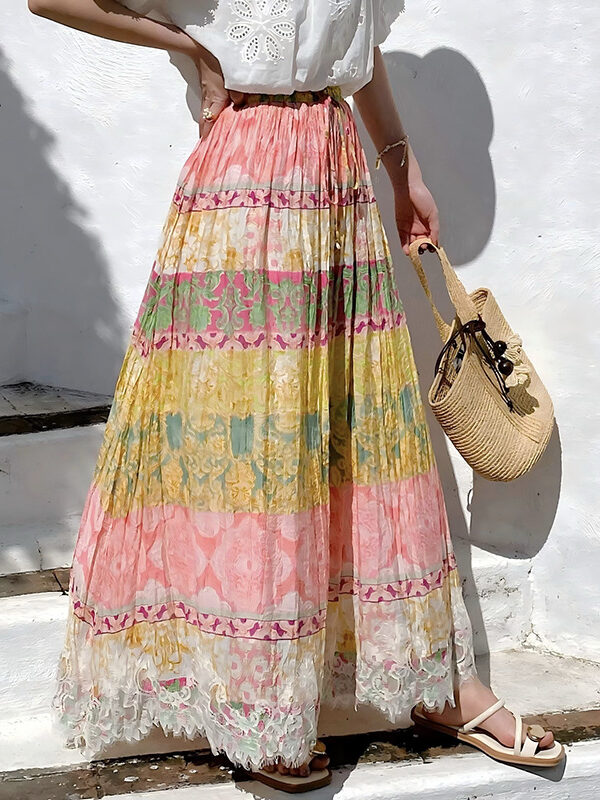 French Riviera Crinkled Floral Scalloped Lace Womens Cotton Maxi Skirt