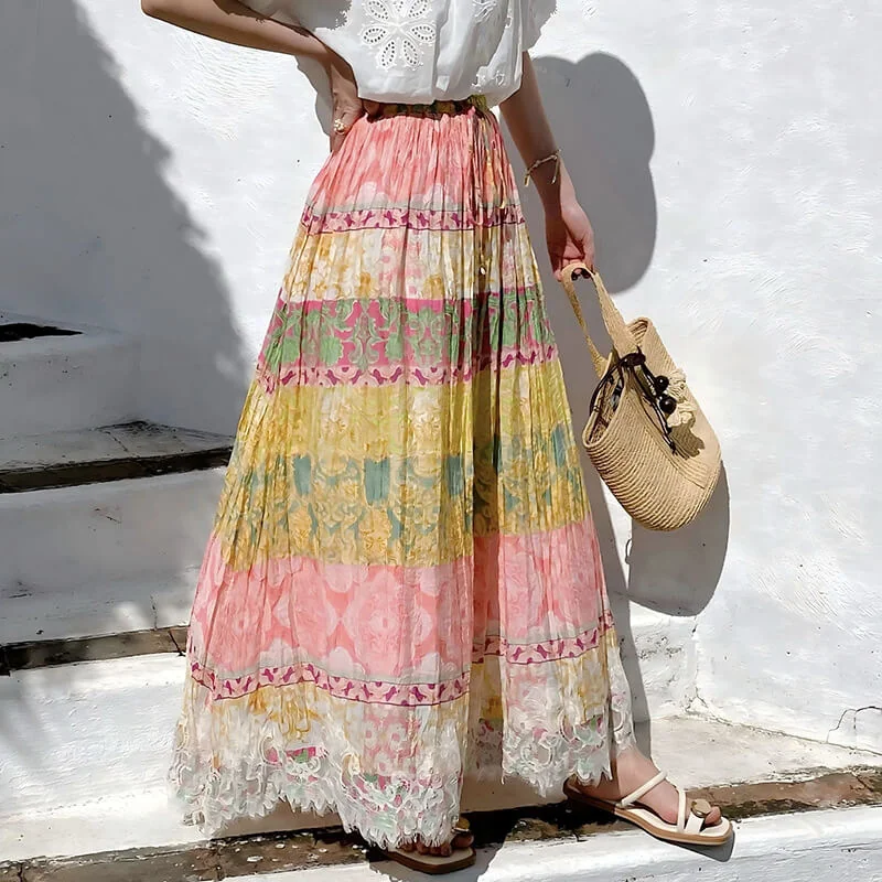French Riviera Crinkled Floral Scalloped Lace Womens Cotton Maxi Skirt