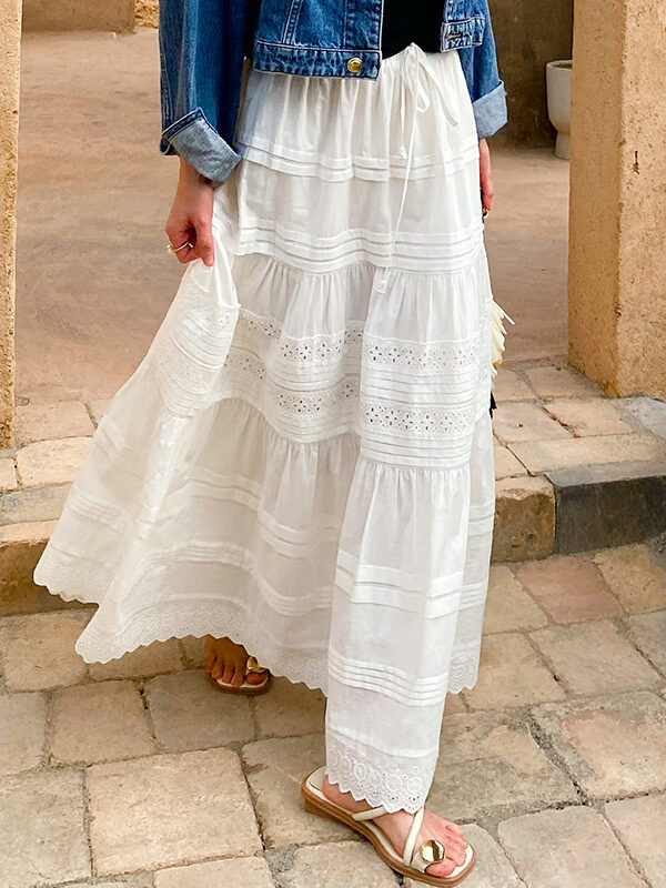 French Riviera Broderie Anglaise Cotton Womens Tiered Midi Skirt