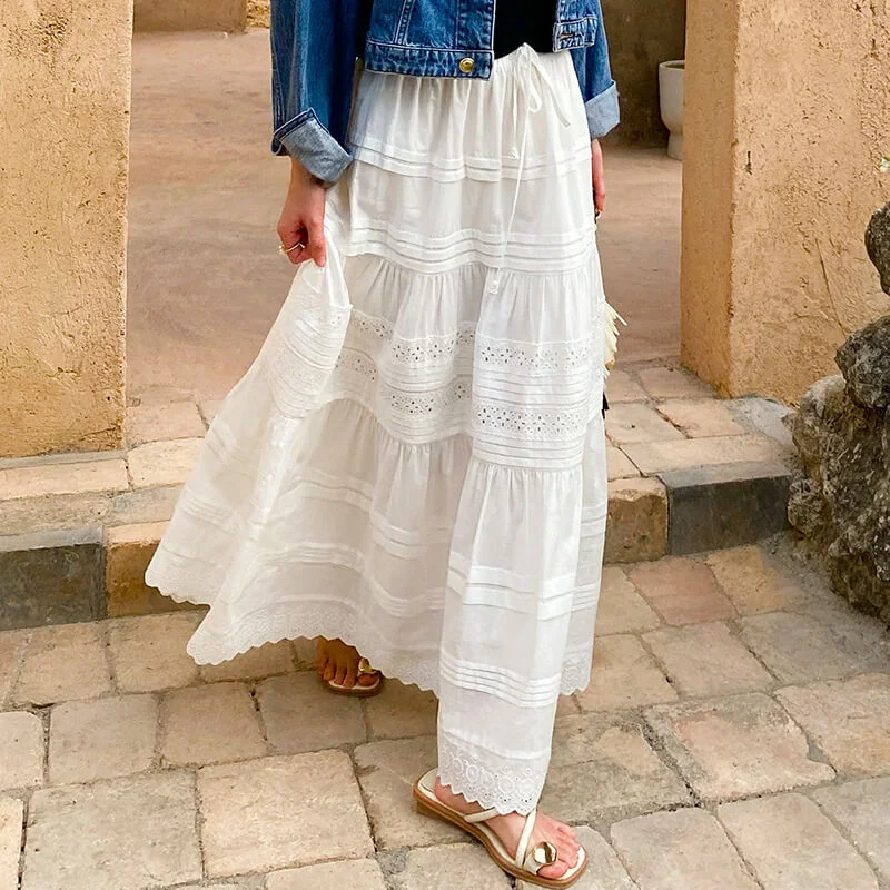 French Riviera Broderie Anglaise Cotton Womens Tiered Midi Skirt
