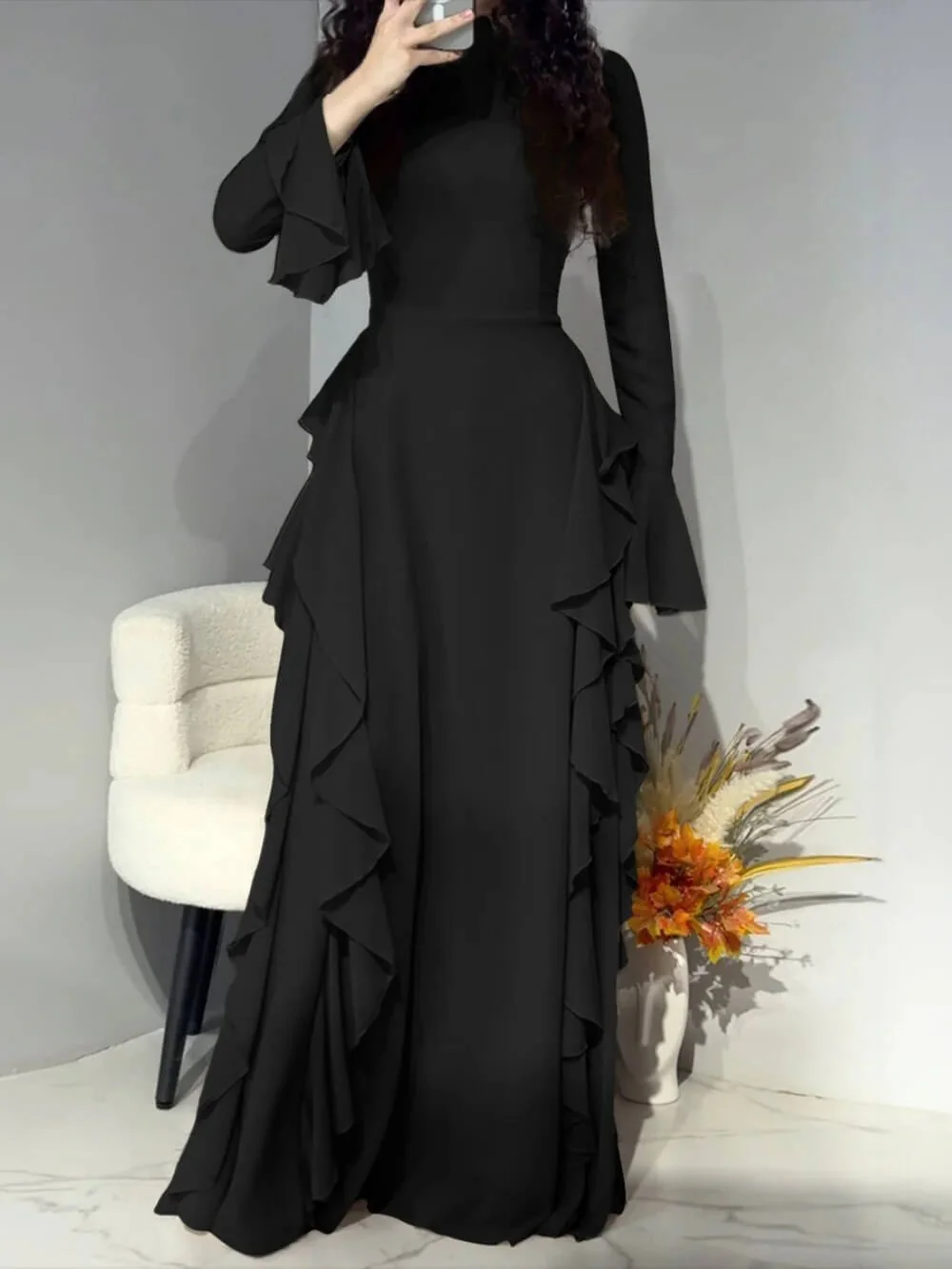 Timeless Classic Ruffled Flare Sleeve Stretchy Polyester Womens Maxi Dress