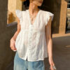 French Riviera Ramie Lace Trim Ruffled V Neck Womens Sleeveless Blouse
