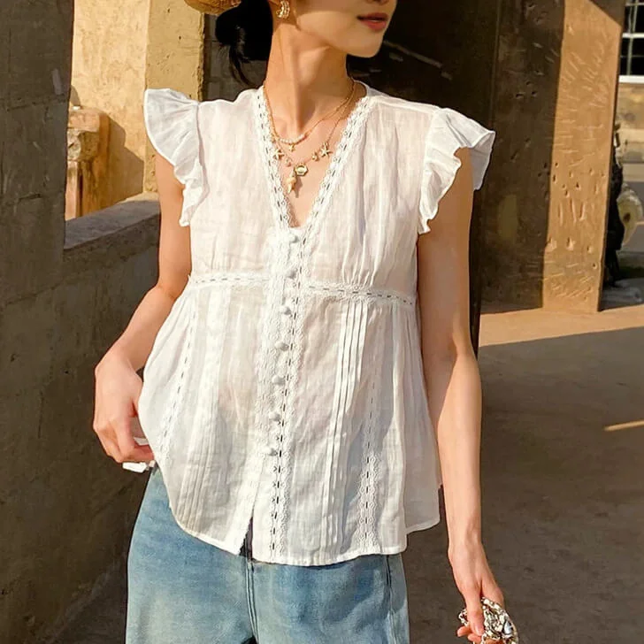 French Riviera Ramie Lace Trim Ruffled V Neck Womens Sleeveless Blouse