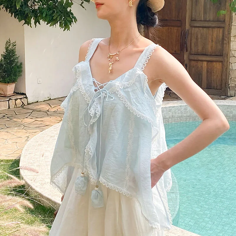 French Riviera Breathable Lyocell Scalloped Lace Trim Womens Cami Top
