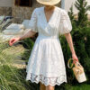 French Riviera Broderie Anglaise Scalloped Cotton Womens Mini Dress