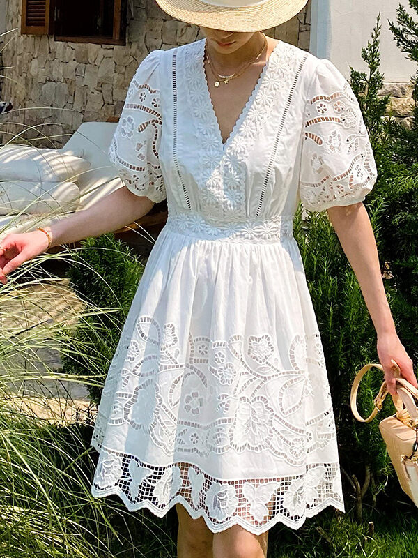 French Riviera Broderie Anglaise Scalloped Cotton Womens Mini Dress