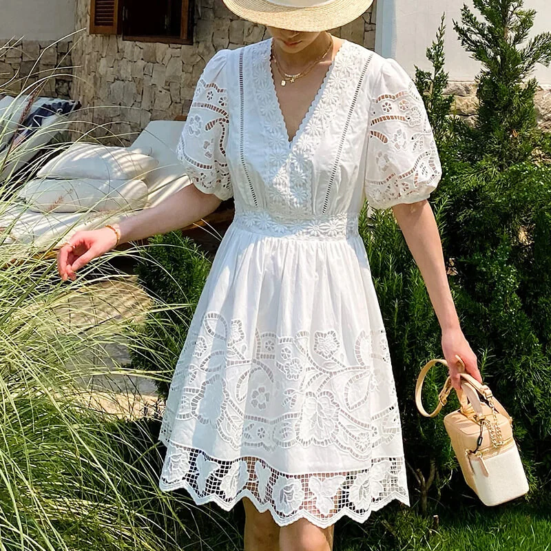 French Riviera Broderie Anglaise Scalloped Cotton Womens Mini Dress