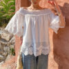 French Riviera Smocked Scalloped Lace Lyocell Womens Bardot Blouse