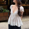 French Riviera Broderie Anglaise Cotton Womens Puff Sleeve Blouse