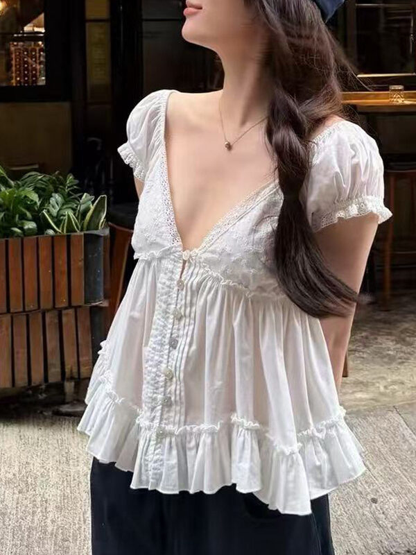 French Riviera Broderie Anglaise Cotton Womens Puff Sleeve Blouse