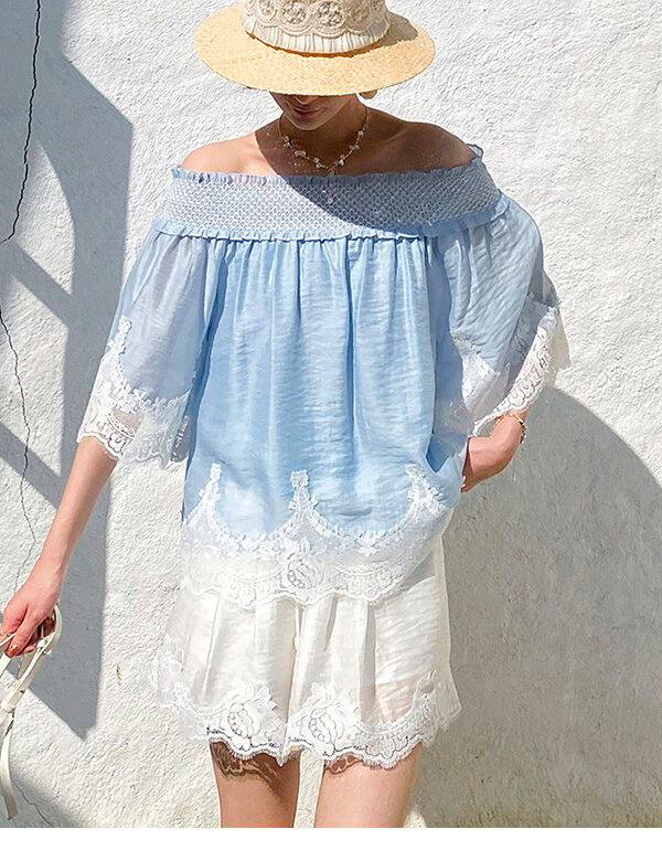 French Riviera Smocked Scalloped Lace Lyocell Womens Bardot Blouse