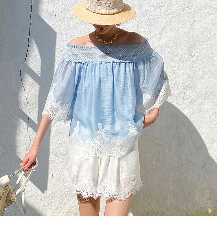 French Riviera Smocked Scalloped Lace Lyocell Womens Bardot Blouse
