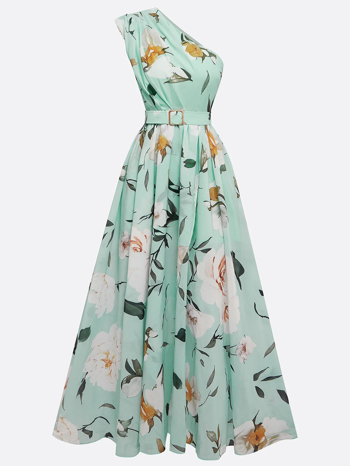 French Riviera Breathable Floral Belted Womens One Shoulder Maxi Dress