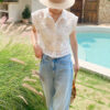 French Riviera Broderie Anglaise Cotton Womens Sleeveless Cropped Top