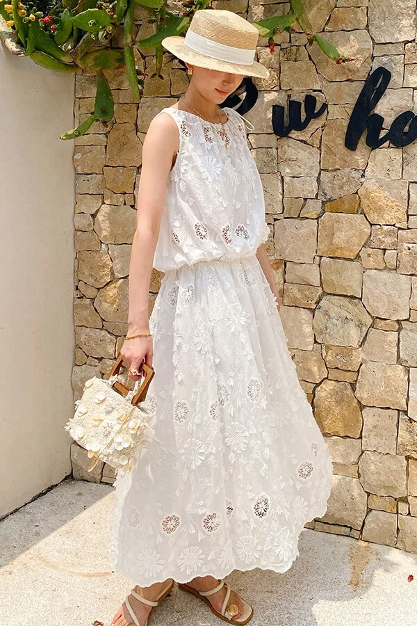 French Riviera Airy Cotton Broderie Anglaise Women Midi Skirt Set