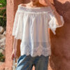 French Riviera Smocked Scalloped Lace Lyocell Womens Bardot Blouse