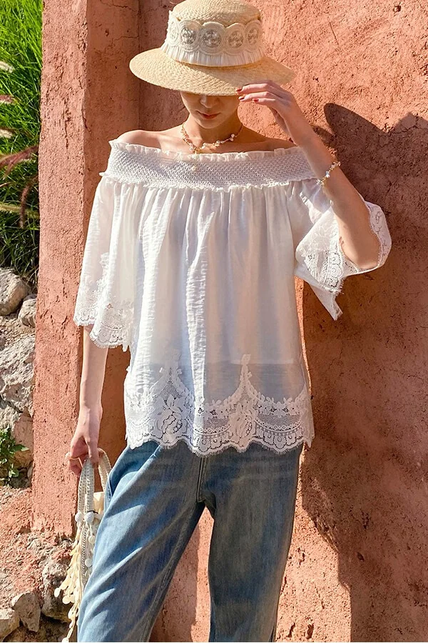 French Riviera Smocked Scalloped Lace Lyocell Womens Bardot Blouse
