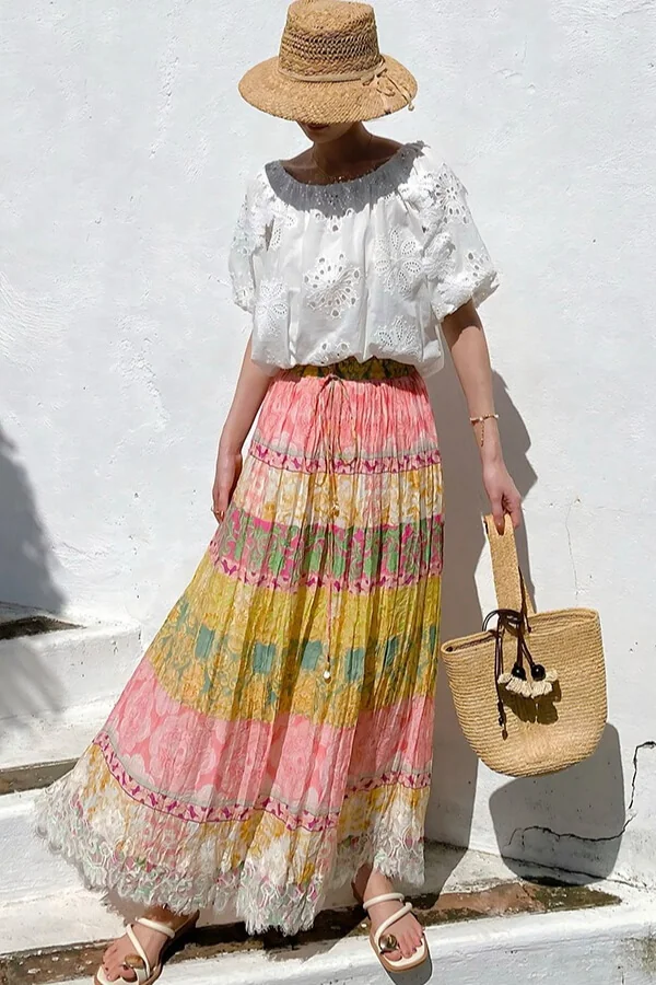 French Riviera Crinkled Floral Scalloped Lace Womens Cotton Maxi Skirt