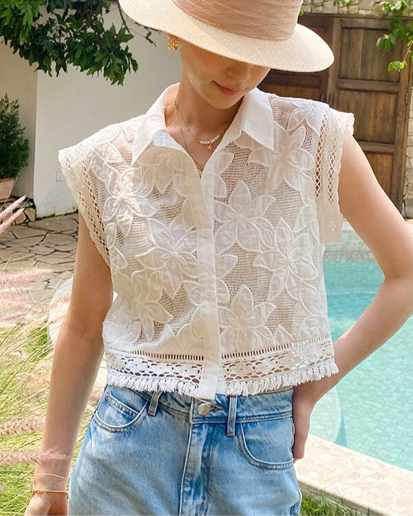 French Riviera Broderie Anglaise Cotton Womens Sleeveless Cropped Top