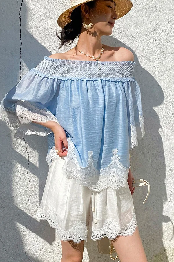 French Riviera Smocked Scalloped Lace Lyocell Womens Bardot Blouse