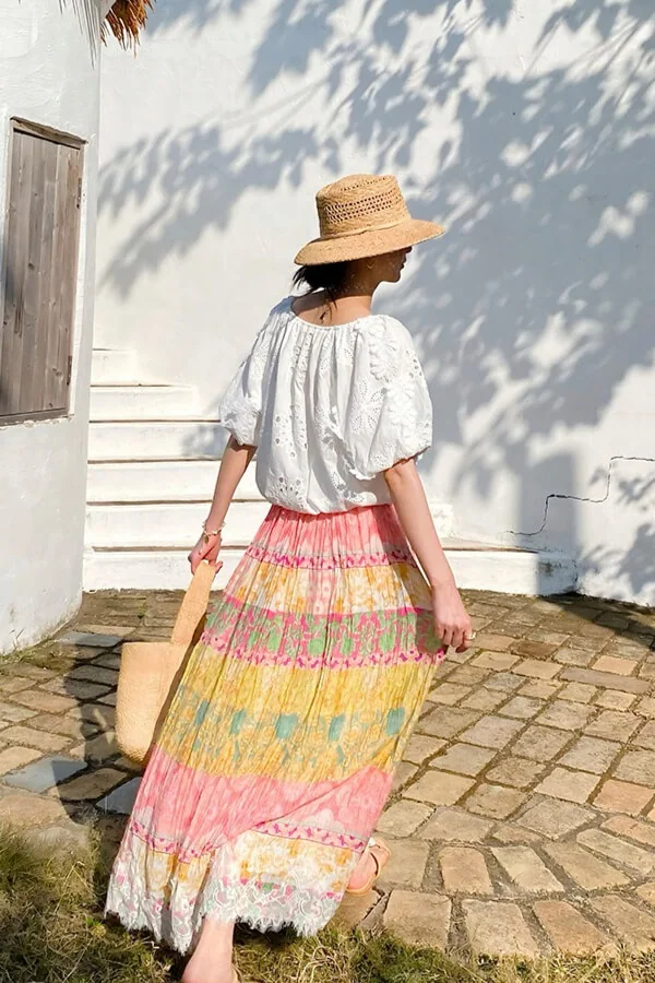 French Riviera Crinkled Floral Scalloped Lace Womens Cotton Maxi Skirt