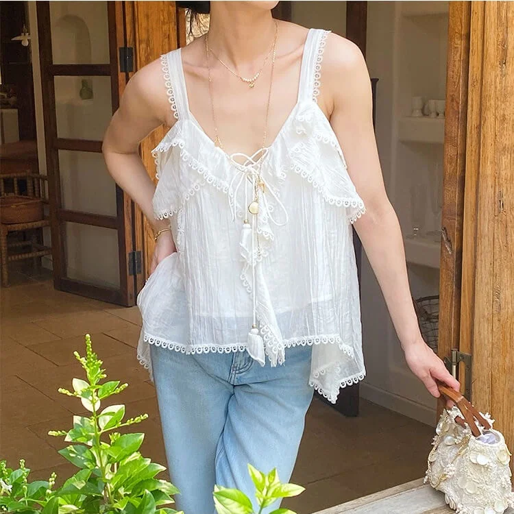 French Riviera Breathable Lyocell Scalloped Lace Trim Womens Cami Top