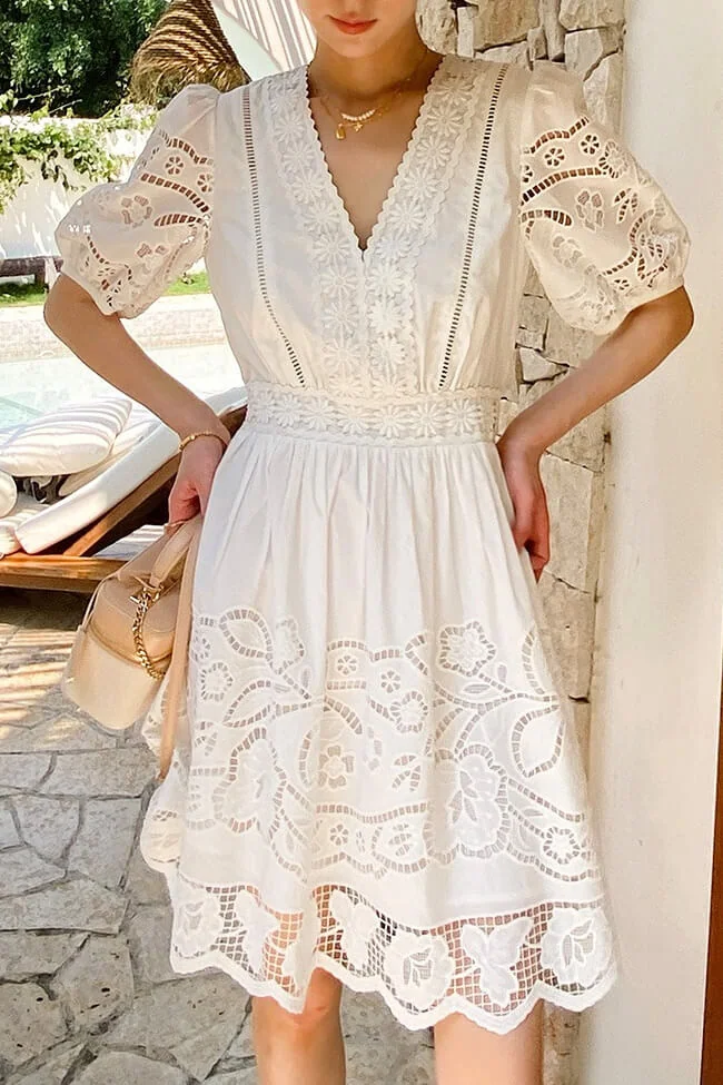 French Riviera Broderie Anglaise Scalloped Cotton Womens Mini Dress