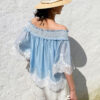 French Riviera Smocked Scalloped Lace Lyocell Womens Bardot Blouse