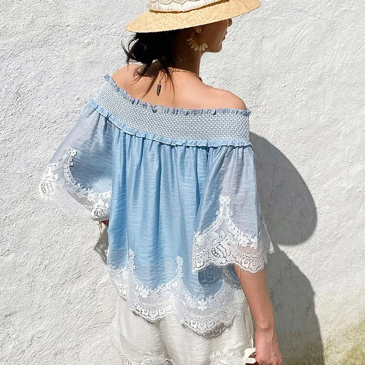 French Riviera Smocked Scalloped Lace Lyocell Womens Bardot Blouse