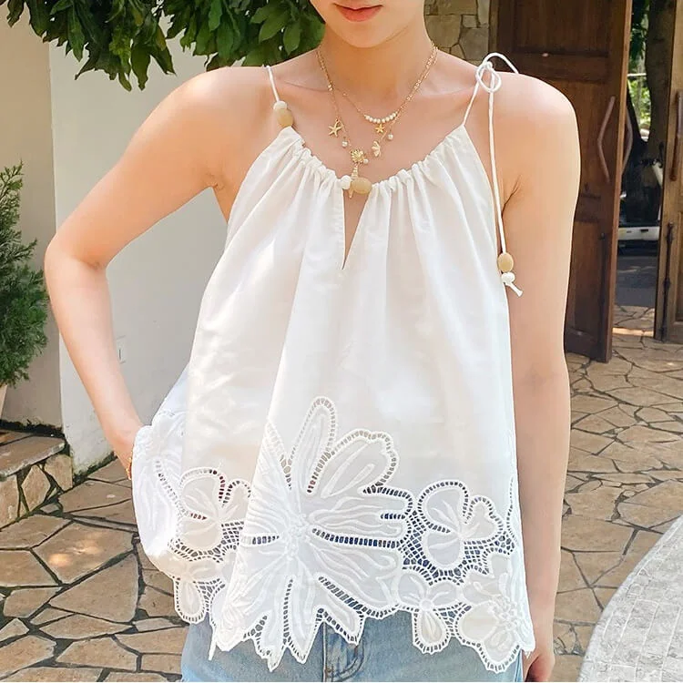 French Riviera Scalloped Broderie Anglaise Cotton Womens Cami Top