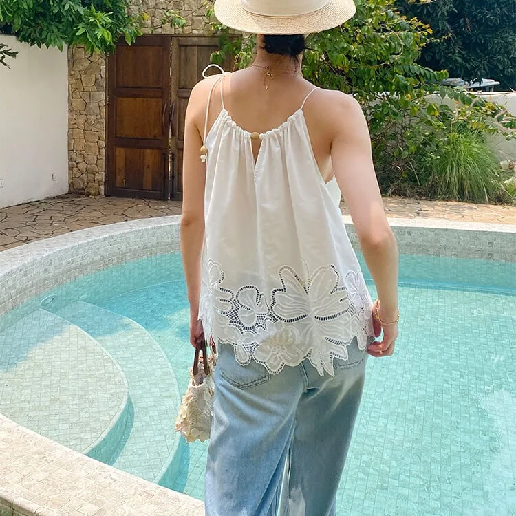 French Riviera Scalloped Broderie Anglaise Cotton Womens Cami Top