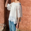 French Riviera Smocked Scalloped Lace Lyocell Womens Bardot Blouse