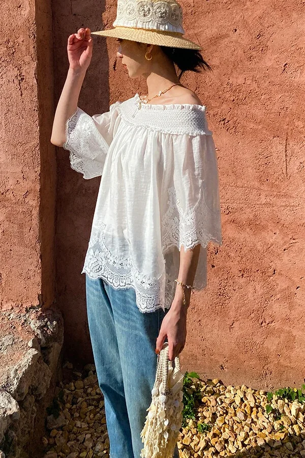 French Riviera Smocked Scalloped Lace Lyocell Womens Bardot Blouse