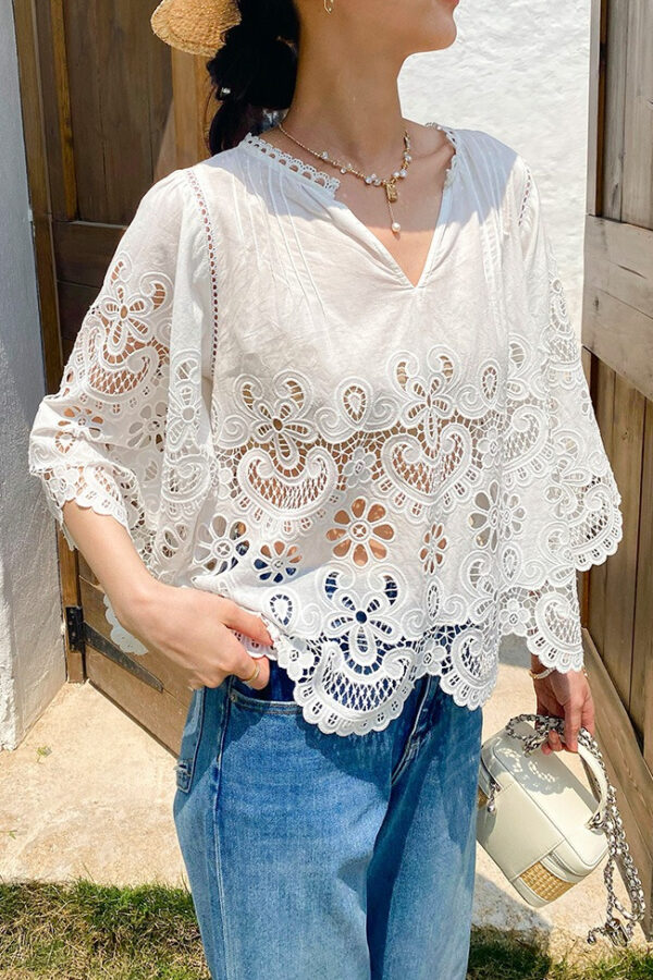 French Riviera Scalloped White Broderie Anglaise Womens Tops