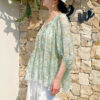French Riviera Scalloped Lace Crinkled Linen Mix Womens Floral Blouse