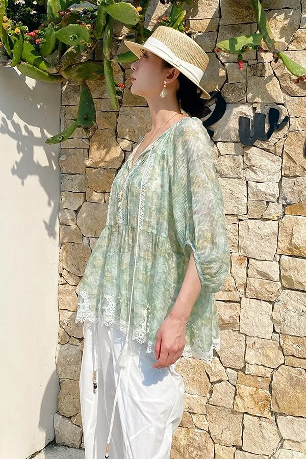 French Riviera Scalloped Lace Crinkled Linen Mix Womens Floral Blouse